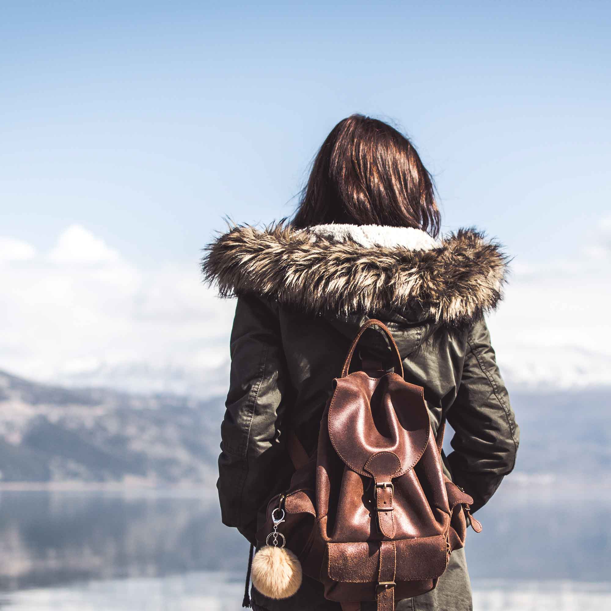 A traveller with a leather backpack looking out over a winter landscape
